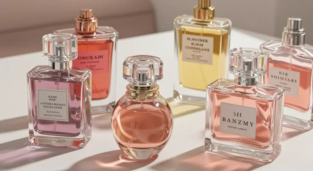 Variedad de frascos de perfume elegantes y frescos, ideales para el verano.