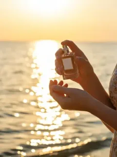 Mujer en la playa aplicando perfume, símbolo de frescura y elegancia veraniega.