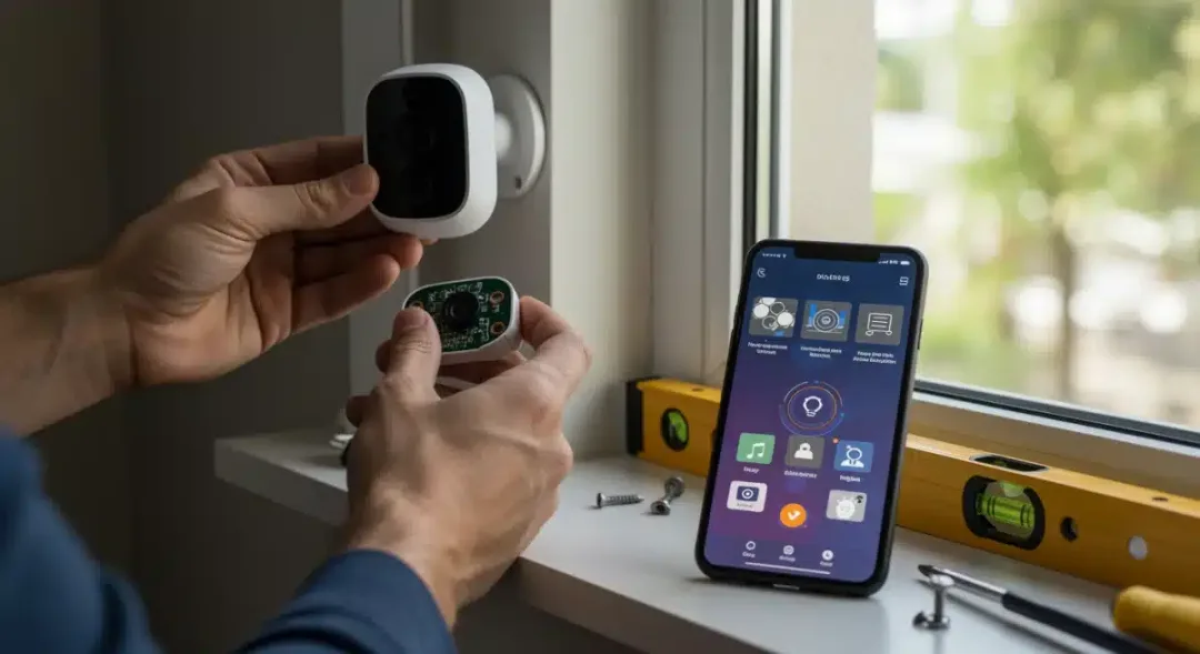 Detalle de la instalación de una cámara de seguridad inteligente DIY, con herramientas y un smartphone.