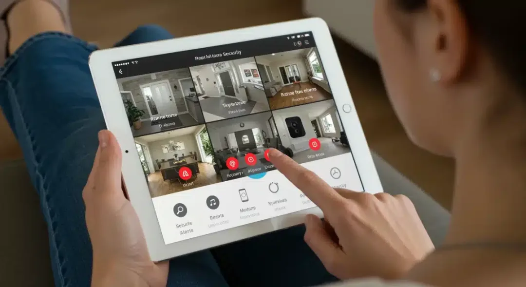 Usuario controlando un sistema de seguridad inteligente desde una tablet, mostrando alertas y cámaras.