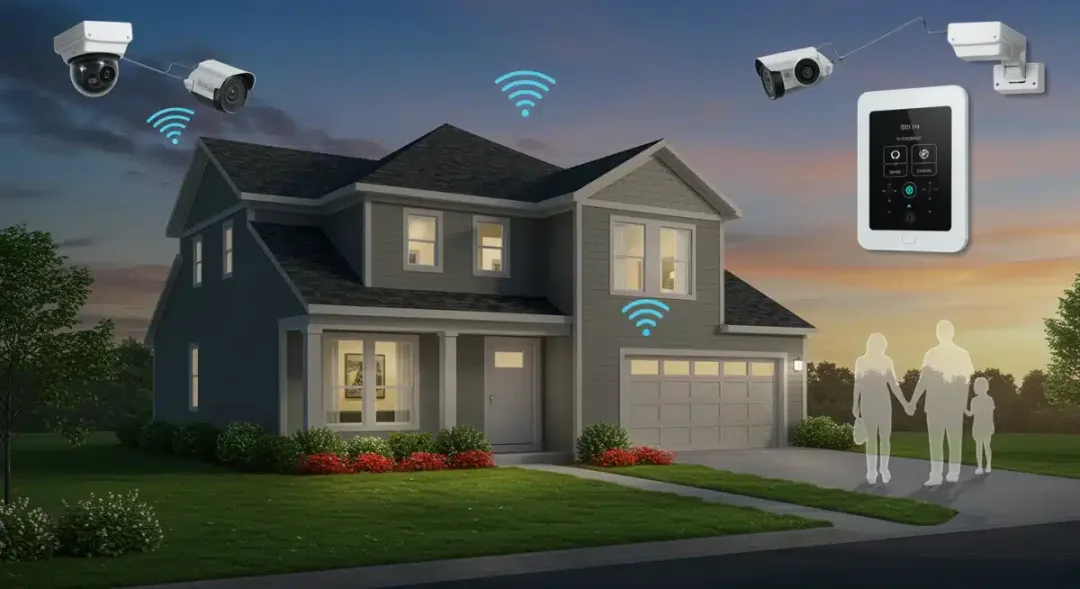 Hogar inteligente con sistema de seguridad integrado en Estados Unidos, mostrando cámaras y sensores conectados.