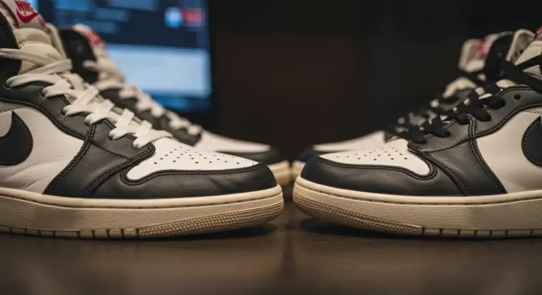 Zapatillas falsas y auténticas comparadas para detectar diferencias en calidad y detalles.