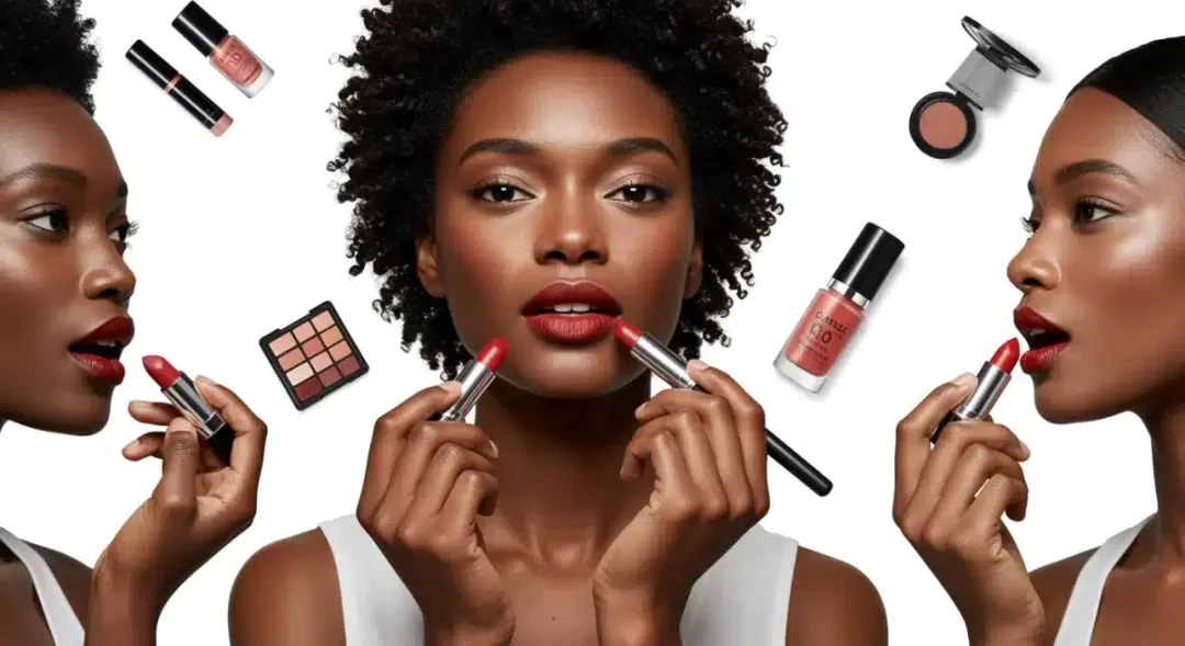 Mujeres de diversos tonos de piel aplicando diferentes tonos de labial rojo.