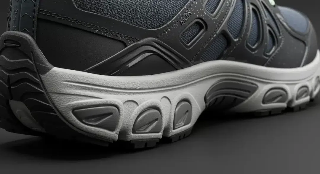 Suela de zapato para caminar de alto rendimiento con patrón de agarre innovador y tecnología de amortiguación visible.