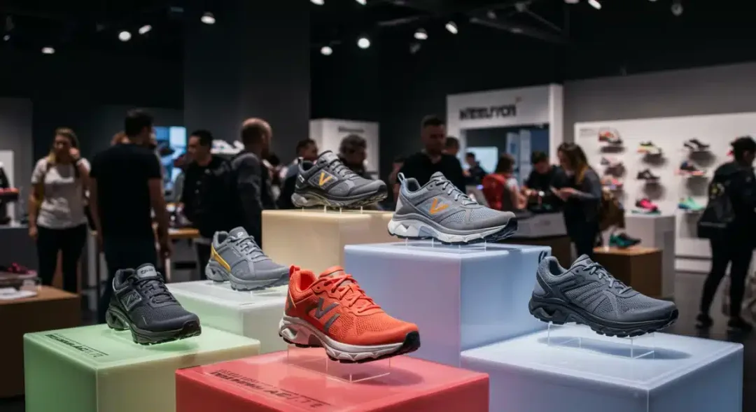 Exposición de los mejores zapatos para caminar de 2025, destacando diseños ergonómicos y colores vibrantes en una tienda moderna.