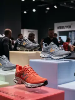Exposición de los mejores zapatos para caminar de 2025, destacando diseños ergonómicos y colores vibrantes en una tienda moderna.