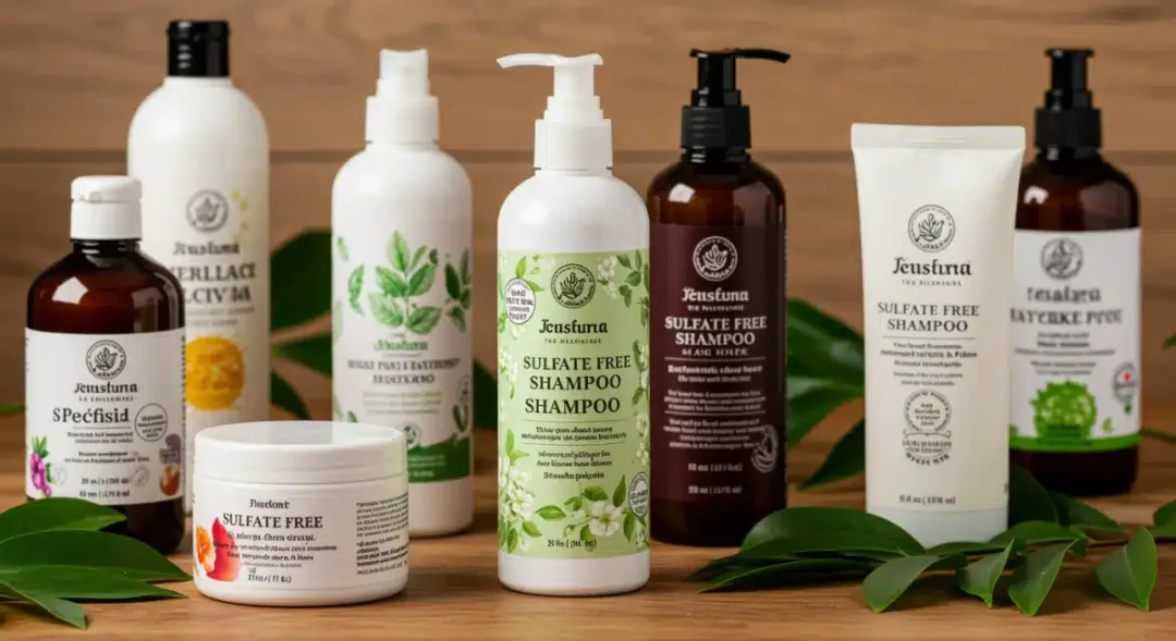 Variedad de champús sin sulfatos con ingredientes naturales.