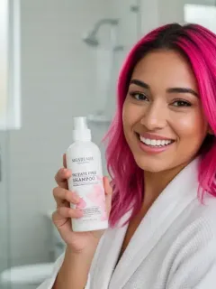Mujer con cabello teñido radiante sosteniendo un champú sin sulfatos.