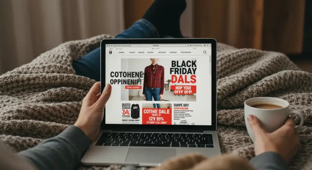 Persona comprando ropa de marca online durante el Black Friday desde casa.