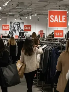 Mujer joven sonriendo mientras compra ropa de marca en una tienda durante el Black Friday.