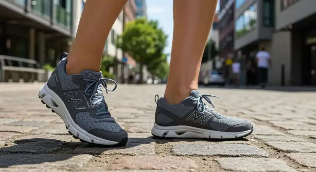 Persona caminando con calzado ergonómico en una ciudad moderna, destacando la importancia del calzado para una postura saludable.