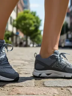 Persona caminando con calzado ergonómico en una ciudad moderna, destacando la importancia del calzado para una postura saludable.