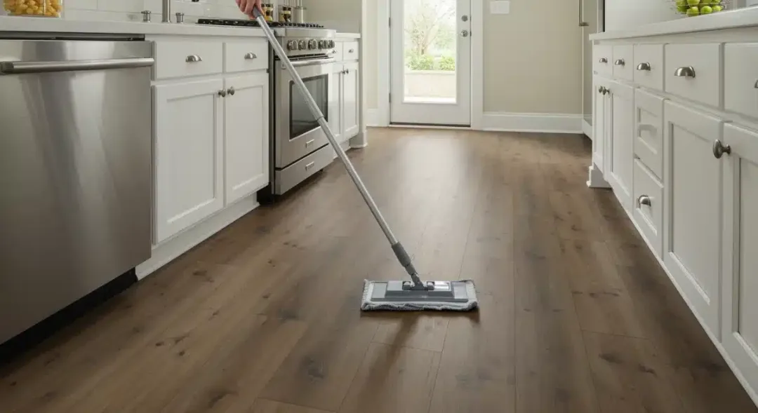 Proceso de mantenimiento y limpieza de un suelo de vinilo de lujo en una cocina moderna.