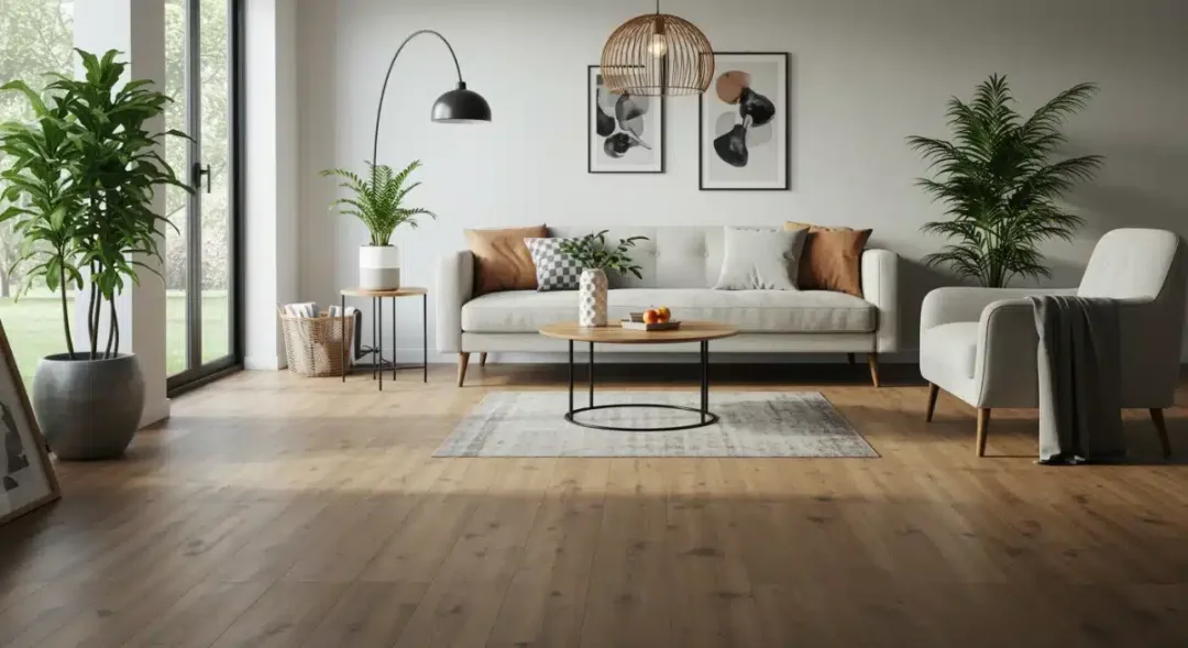 Salón moderno con varias opciones de suelo para el hogar en 2025 en Estados Unidos.