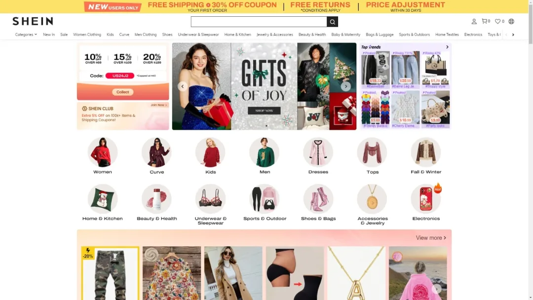 Pantallazo de la página de inicio de Shein con diferentes secciones de moda para mujer.