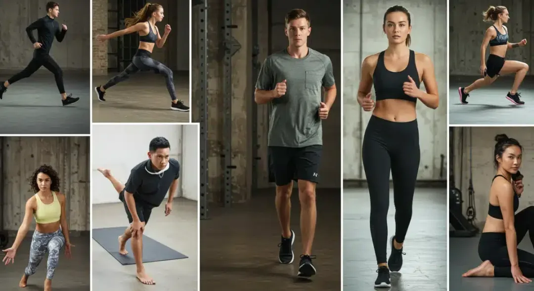 Grupo diverso de personas practicando deporte con ropa deportiva funcional y a la moda, ilustrando el athleisure de las tendencias moda deportiva 2026.
