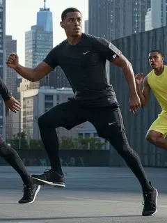 Modelos vistiendo ropa deportiva futurista, destacando las tendencias de moda deportiva 2026 en Estados Unidos.