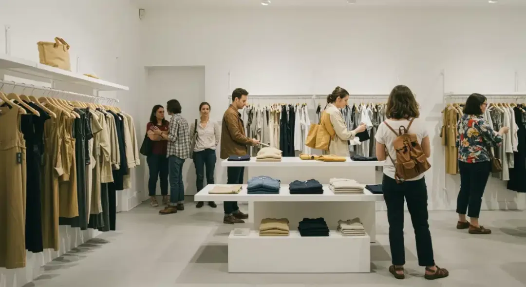 Consumidores eligiendo ropa sostenible en una tienda moderna, reflejando la tendencia de compra consciente.
