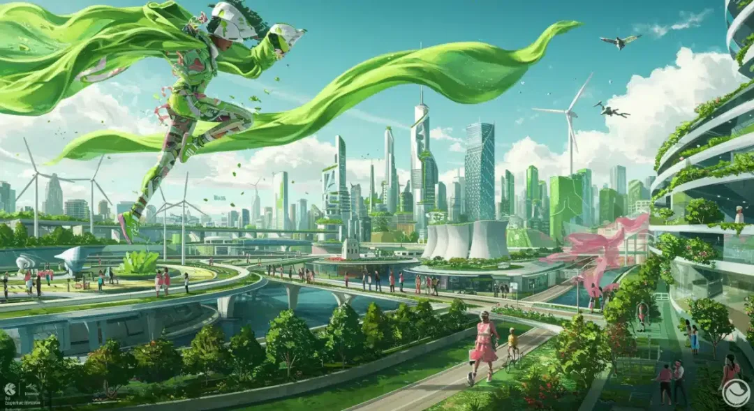 Paisaje urbano futurista con elementos de moda sostenible, simbolizando la evolución del fast fashion en 2026.