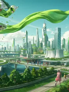 Paisaje urbano futurista con elementos de moda sostenible, simbolizando la evolución del fast fashion en 2026.