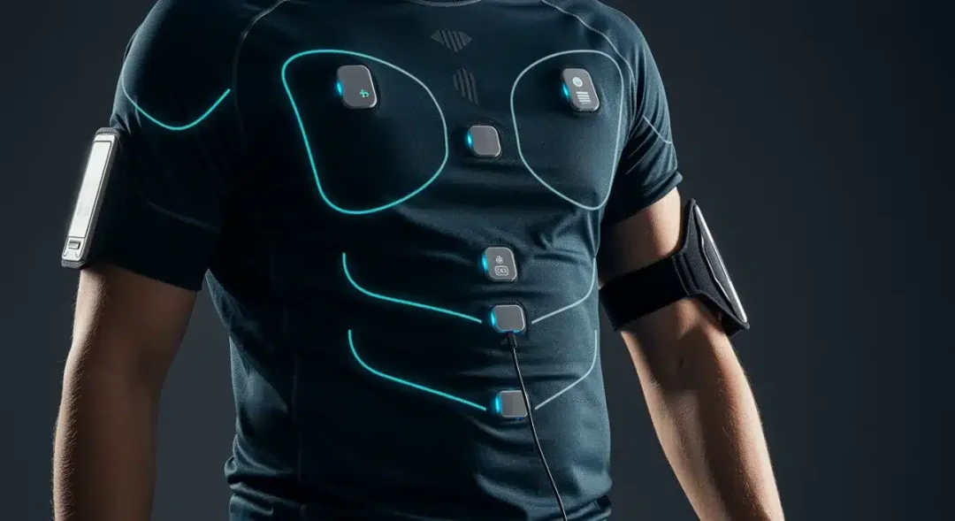 Atleta usando ropa inteligente con sensores biométricos para monitoreo de rendimiento.