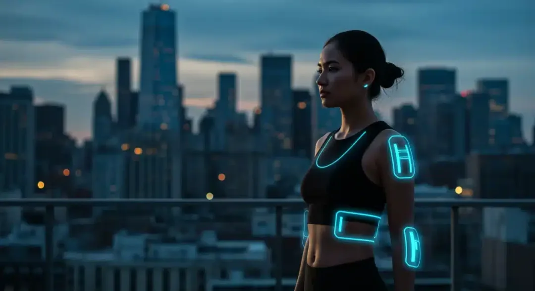 Mujer futurista con ropa inteligente, mostrando tecnología vestible integrada en el diseño de moda.