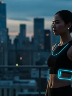Mujer futurista con ropa inteligente, mostrando tecnología vestible integrada en el diseño de moda.