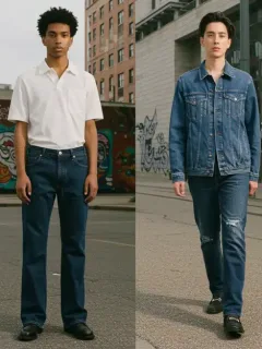 Modelos luciendo las últimas tendencias de denim en 2026, con lavados y cortes innovadores en un entorno urbano.