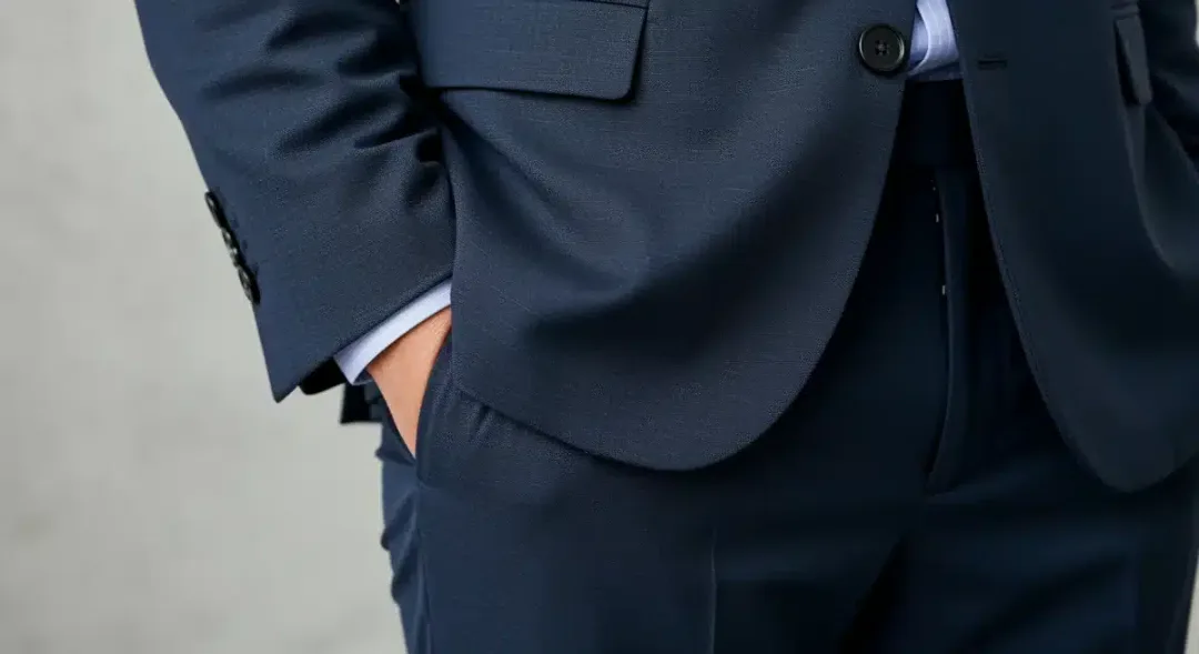 Detalle de blazer elástico y pantalón cómodo, reflejando ropa de trabajo flexible.