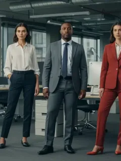Profesionales diversos en oficina moderna con ropa de trabajo flexible para 2026.