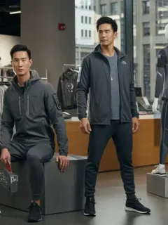 Personas diversas usando ropa inteligente con sensores y tecnología de monitoreo en una tienda moderna en Estados Unidos.