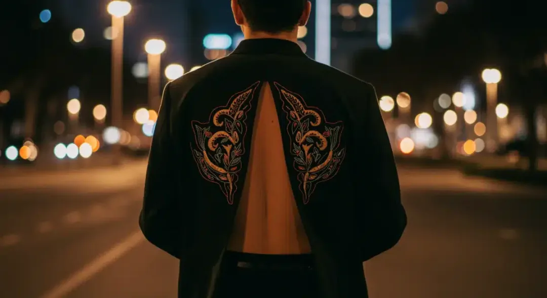 Persona usando una chaqueta de diseño personalizado con bordados únicos, destacando la individualidad de la moda.