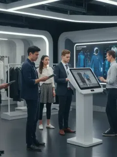Consumidores interactuando con pantallas táctiles para personalizar su ropa en una tienda futurista.