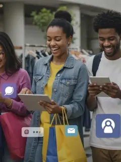 Mujeres y hombres de diversas edades interactuando con redes sociales para comprar ropa en línea, con gráficos de crecimiento y tendencias de moda de fondo.