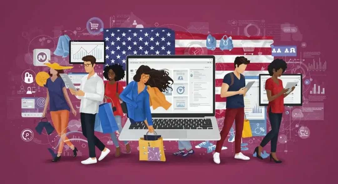 Mujer comprando ropa en línea, reflejando el impacto del e-commerce en Estados Unidos.