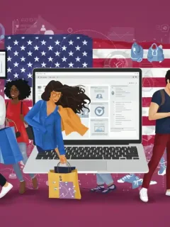 Mujer comprando ropa en línea, reflejando el impacto del e-commerce en Estados Unidos.