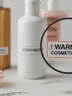 Mujer examinando etiquetas de cosméticos con lupa, resaltando ingredientes tóxicos.