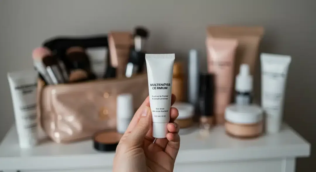 Mano sosteniendo un producto de belleza único frente a un tocador organizado.