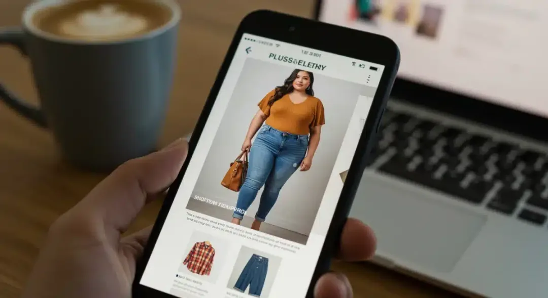 Pantalla de smartphone mostrando una tienda online de ropa de talla grande, con una modelo estilosa.