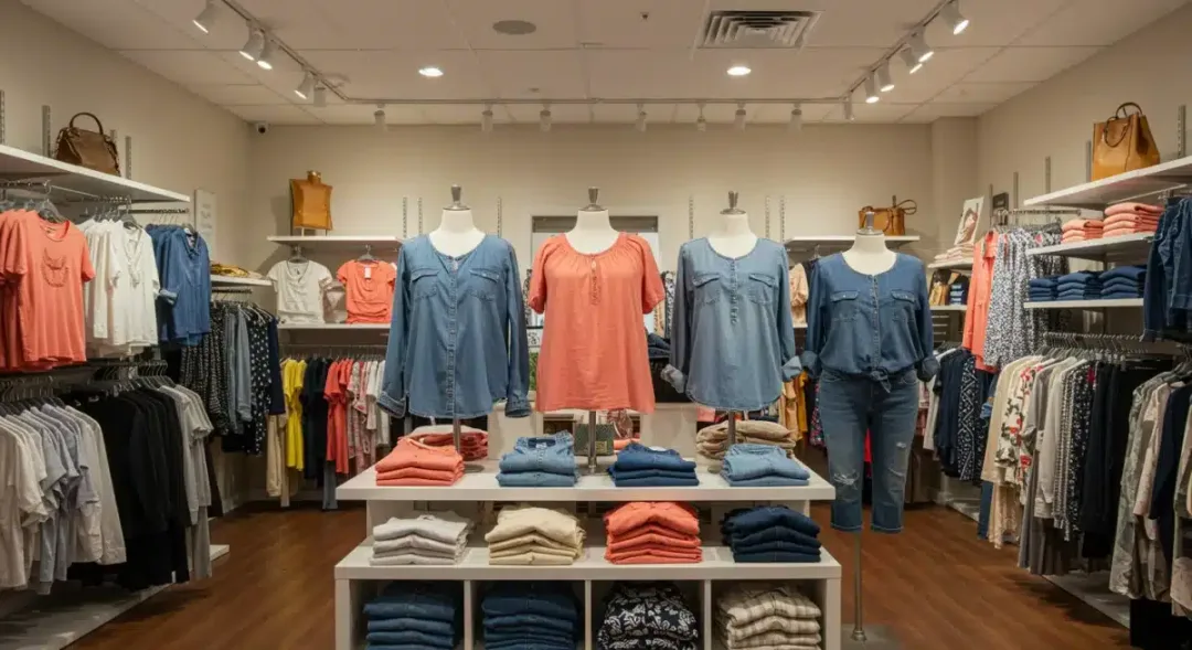 Exposición de ropa de talla grande en una boutique, mostrando variedad de estilos y colores.