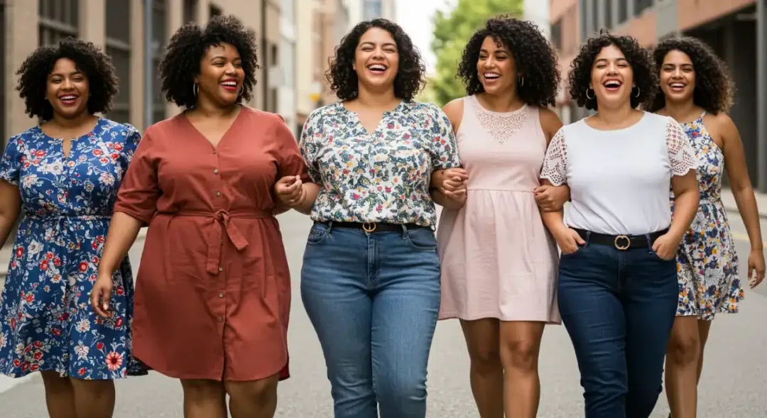 Mujeres con ropa de talla grande elegante y moderna en un entorno urbano, mostrando confianza y estilo.
