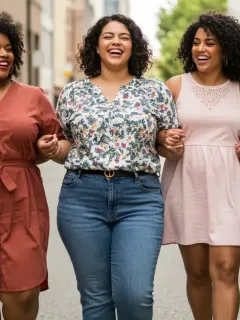 Mujeres con ropa de talla grande elegante y moderna en un entorno urbano, mostrando confianza y estilo.