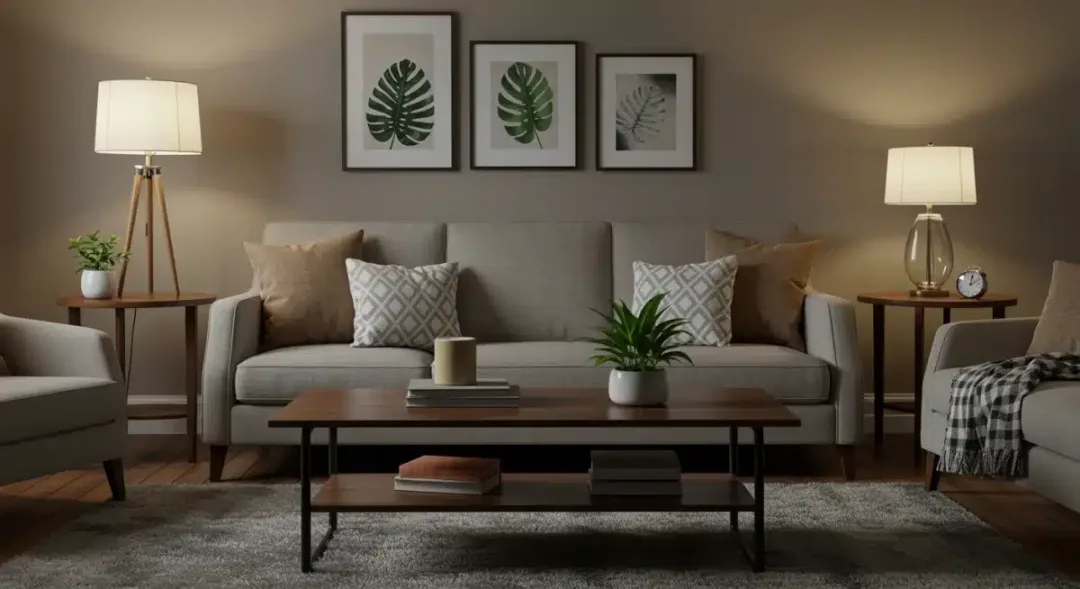 Salón acogedor y moderno con iluminación cálida y muebles bien distribuidos en Estados Unidos.
