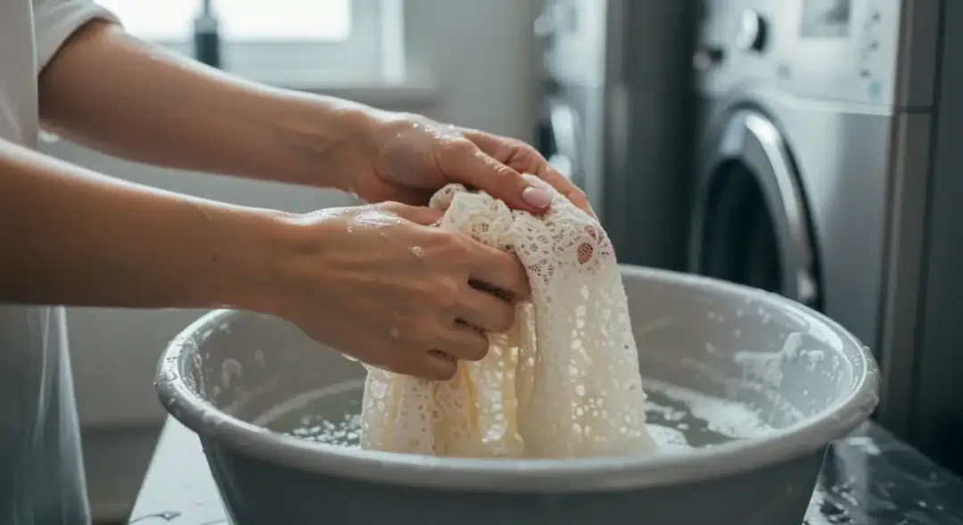 Mujer lavando a mano una blusa de encaje delicada en un lavabo moderno en Estados Unidos.