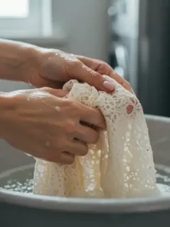 Mujer lavando a mano una blusa de encaje delicada en un lavabo moderno en Estados Unidos.