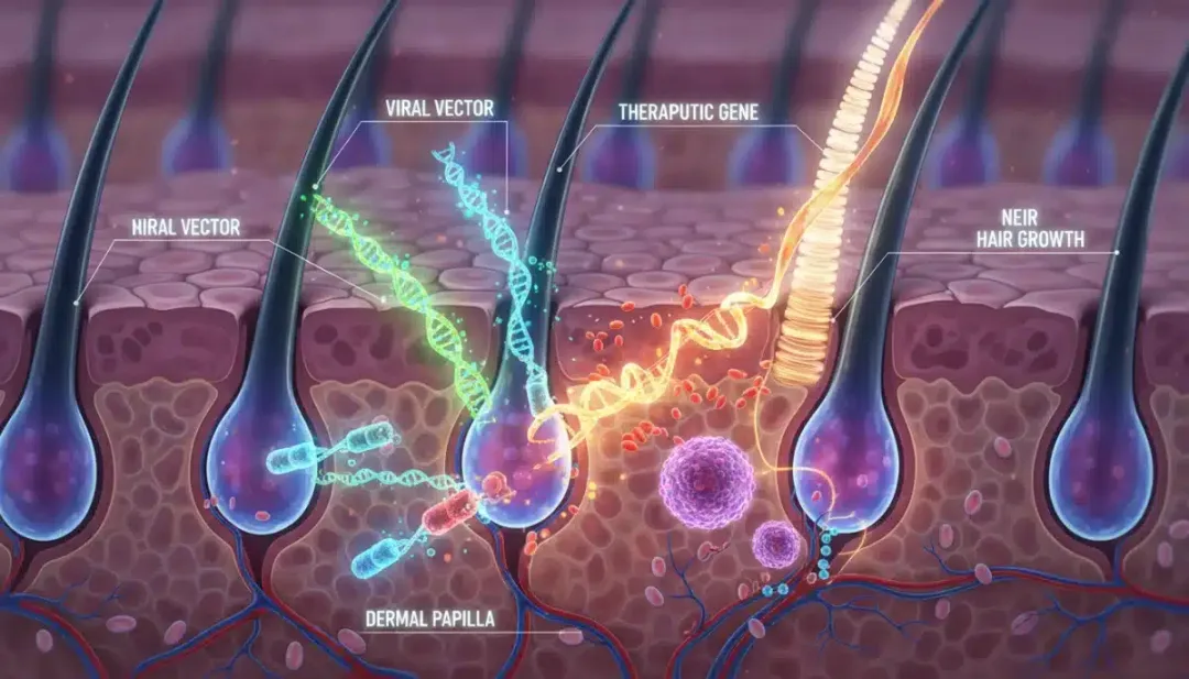 Representación microscópica de folículos capilares recibiendo terapia génica, destacando la innovación capilar en el tratamiento de la caída del cabello.
