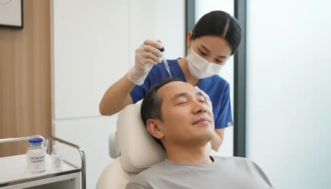 Paciente recibiendo terapia con exosomas en un entorno clínico moderno, un ejemplo clave de innovación capilar para la regeneración.