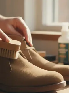 Persona limpiando un zapato de gamuza con cepillo especializado para mantenimiento avanzado de calzado de gamuza