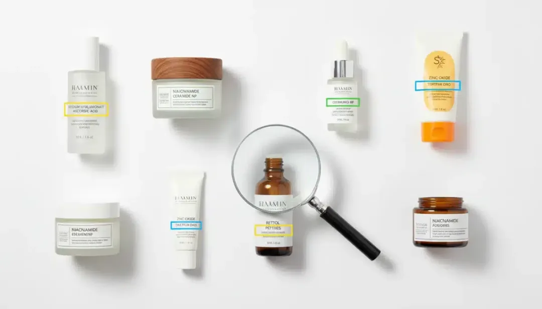 Diversos productos cosméticos con etiquetas detalladas, algunos ingredientes resaltados para indicar la importancia de su revisión.