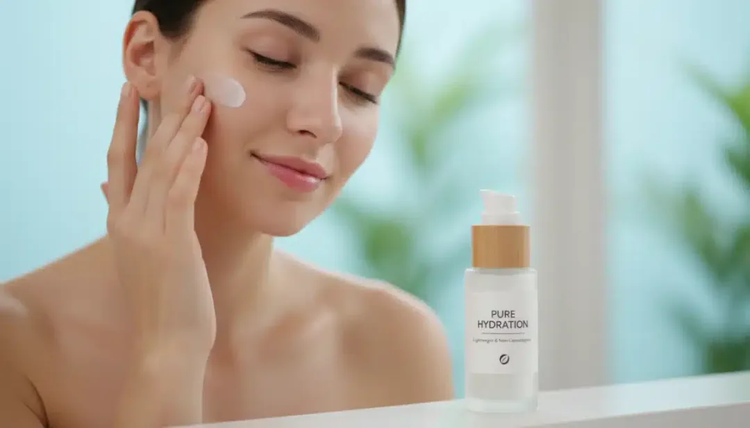 Persona aplicando crema hidratante no comedogénica en piel grasa, mostrando una tez equilibrada y saludable.